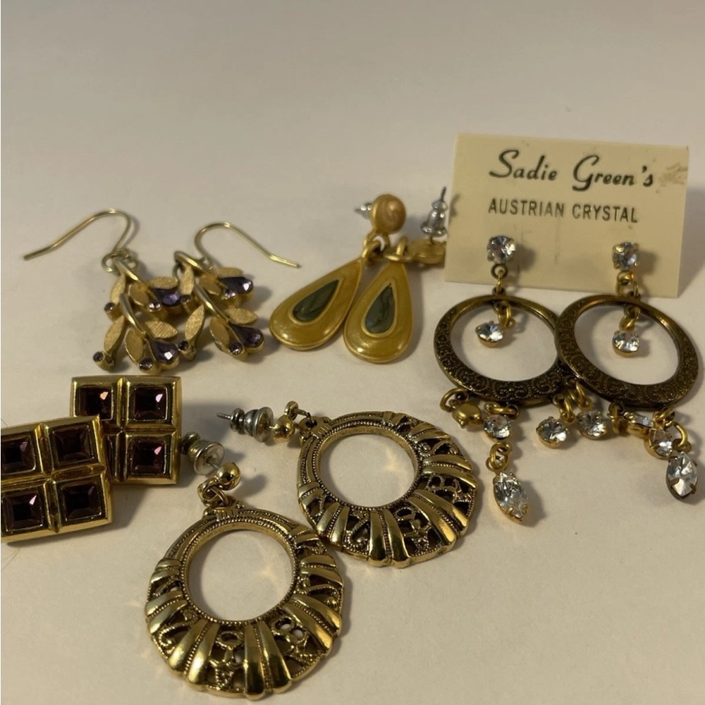 5 pairs of Vintage Goldtone and Purple and Austrian  Crystal pierced Earrings